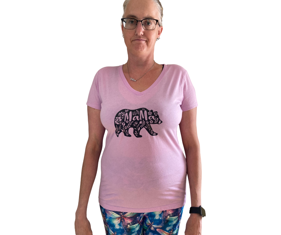 V Neck Mama Bear Adult Short Sleeve T-Shirt, Lilac or Aqua