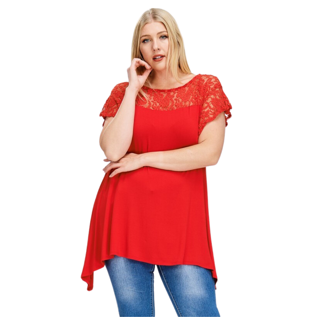 Lace & Rayon Jersey Tunic Top - Red