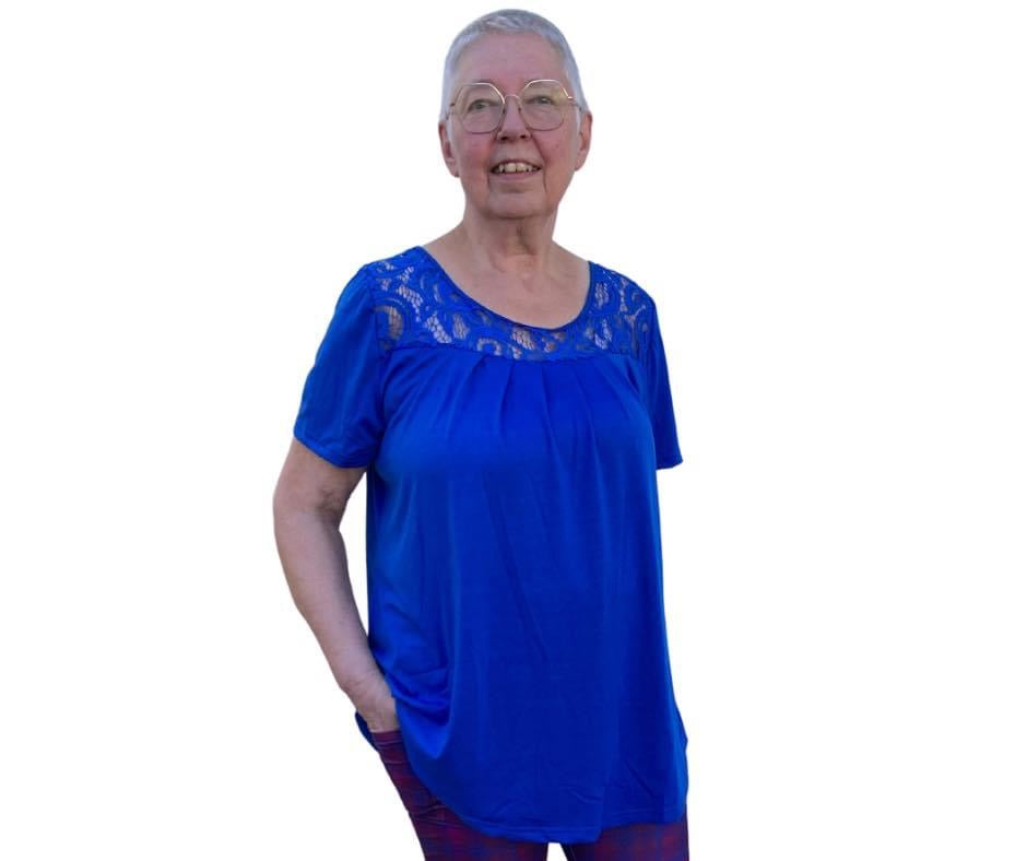 Short Sleeve, Round Neck Lace yoke, long top - royal blue