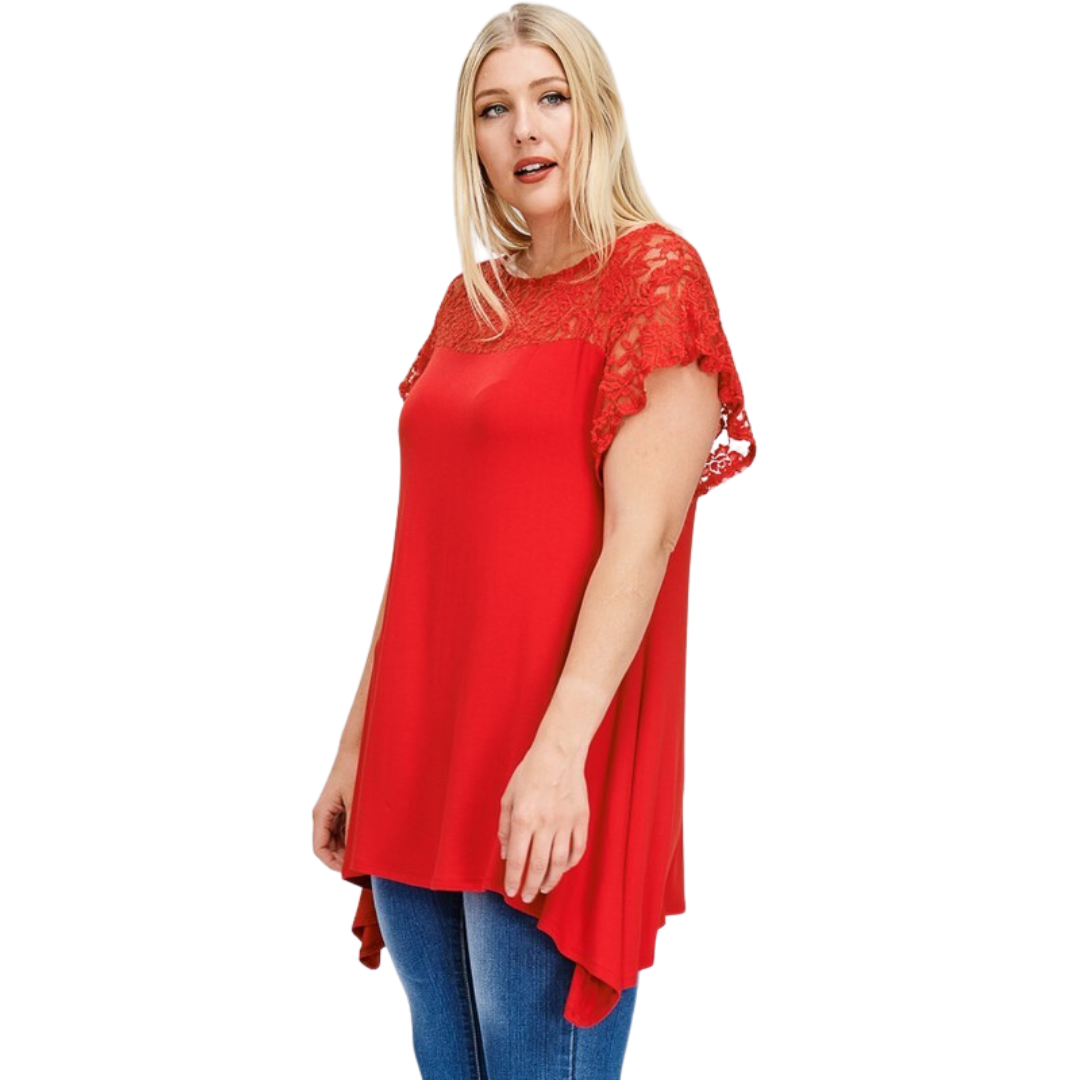 Lace & Rayon Jersey Tunic Top - Red