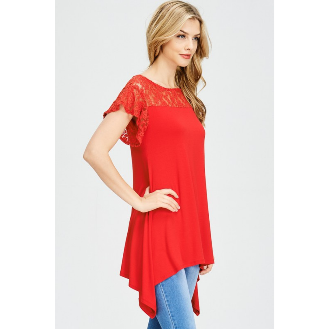 Lace & Rayon Jersey Tunic Top - Red