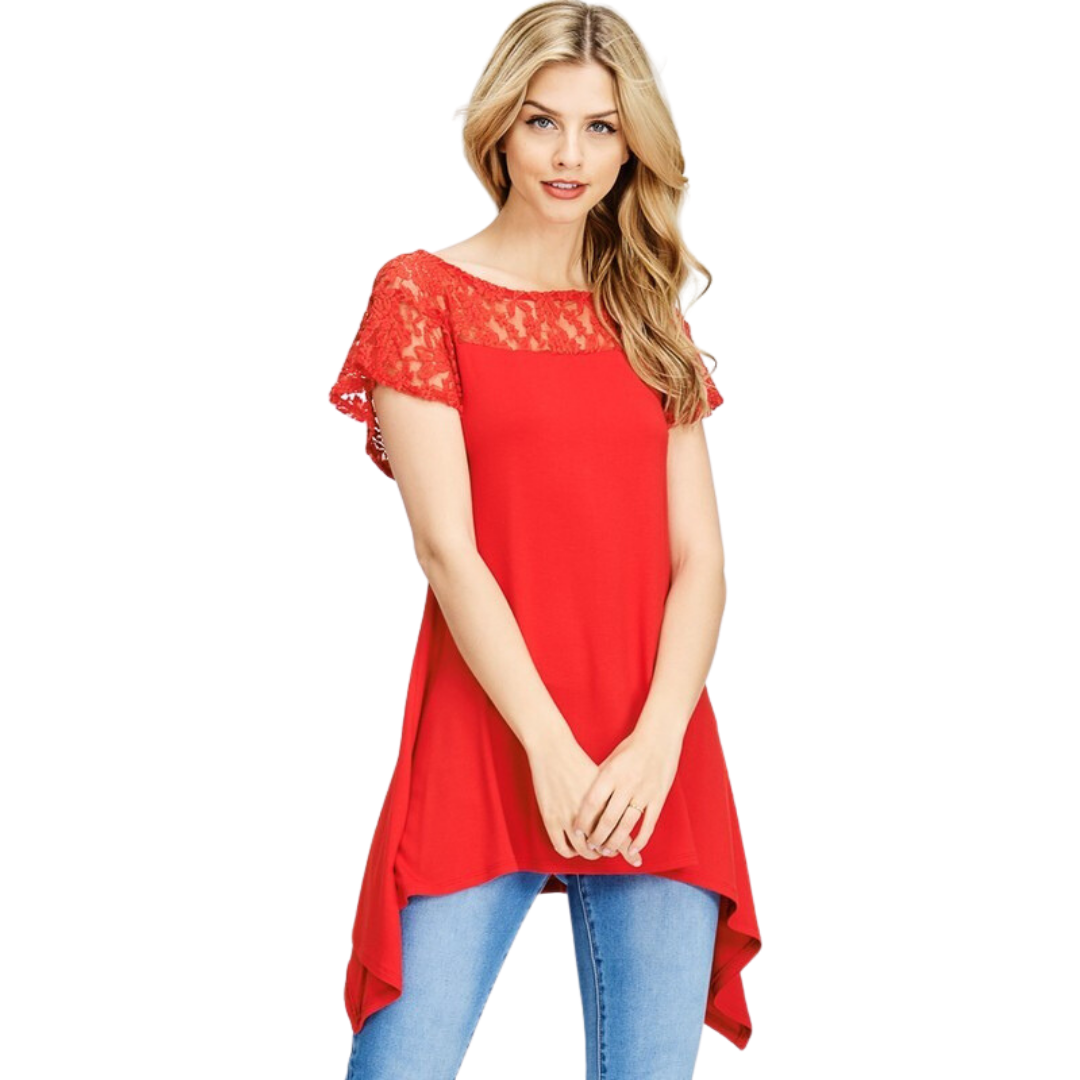 Lace & Rayon Jersey Tunic Top - Red