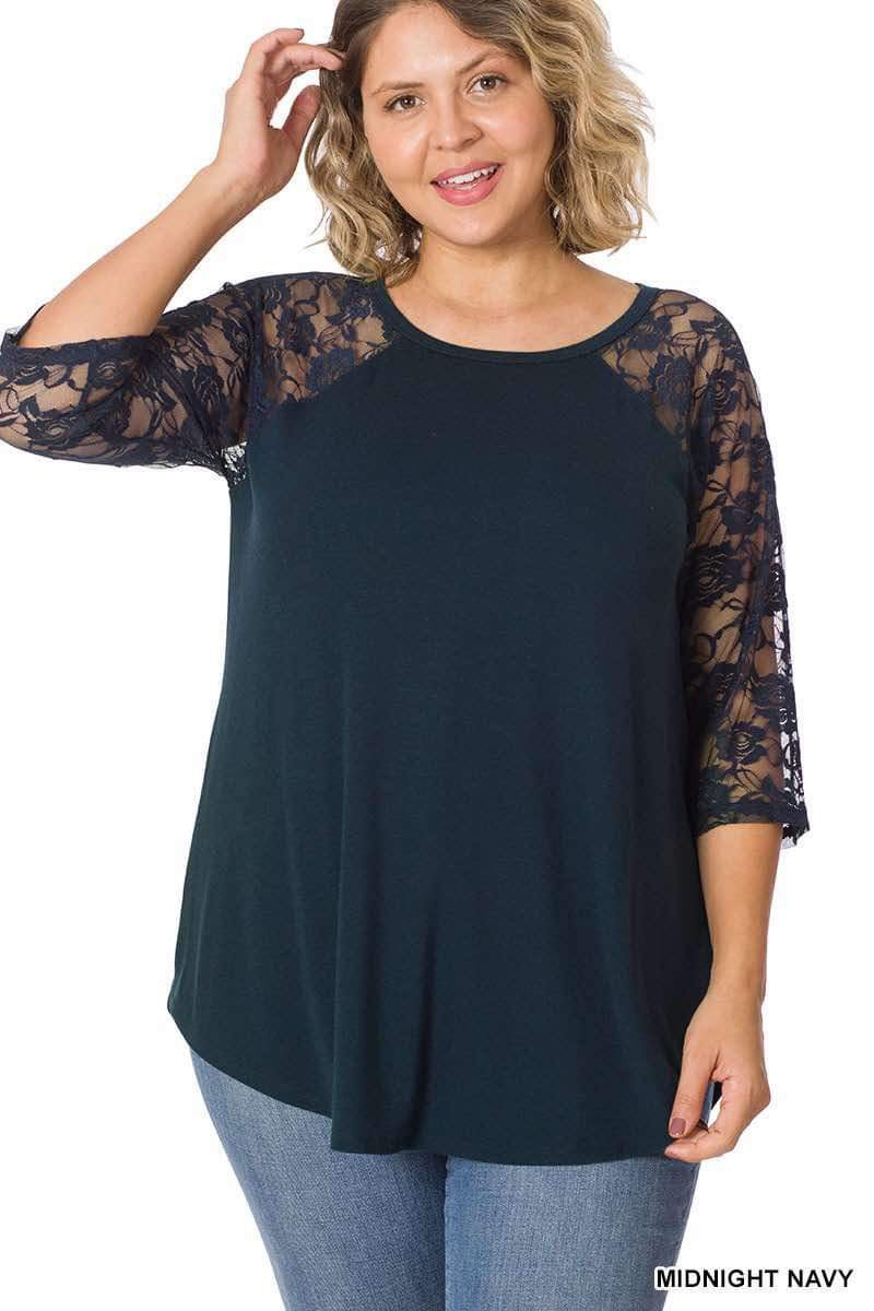 Lace Detail 3/4 Sleeve Round Neck & Hem Top - midnight navy