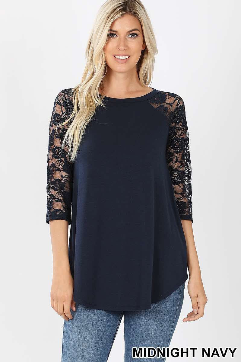 Plus Lace Half Sleeve Round Neck and Hem Top - midnight navy