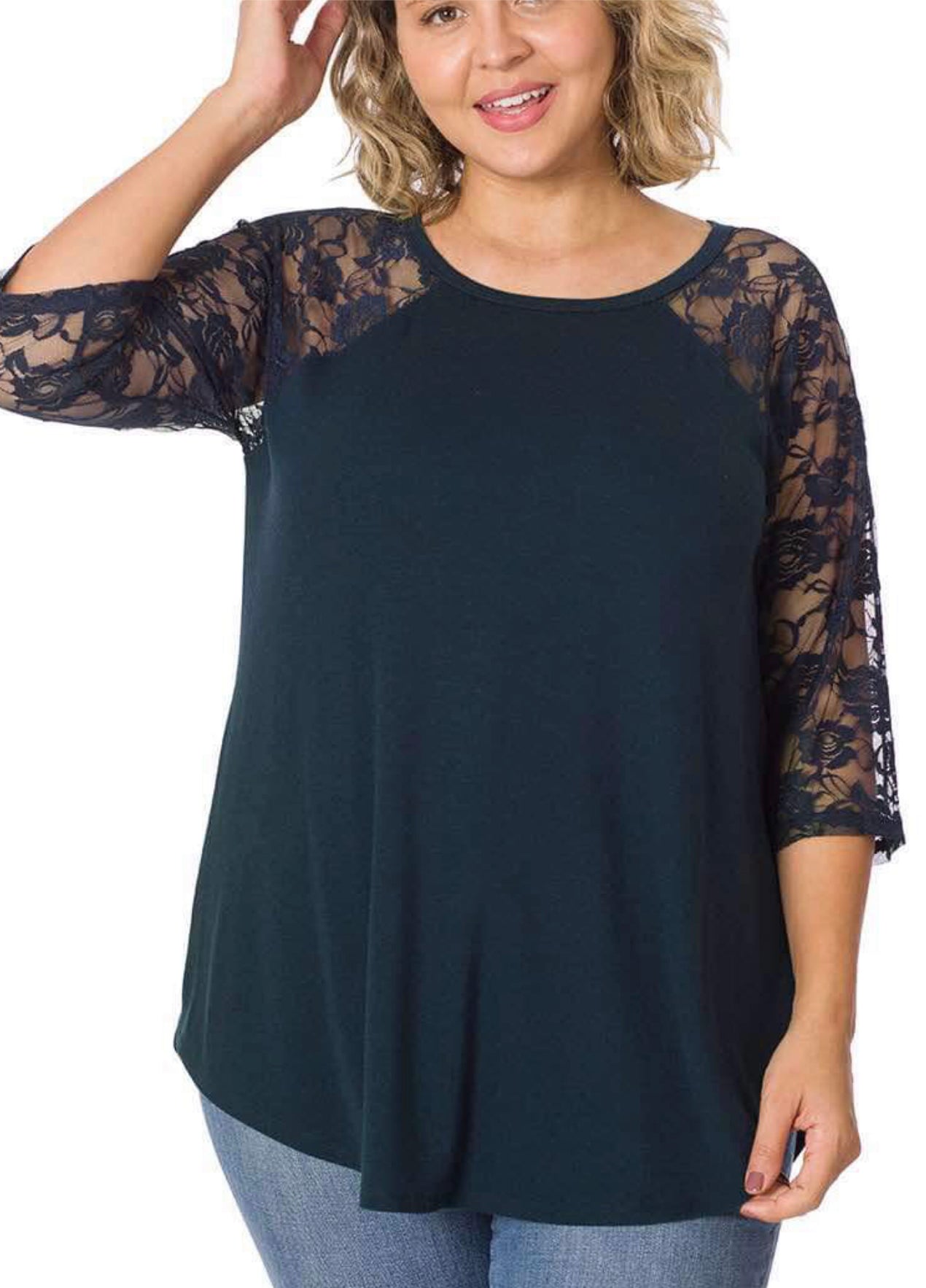 Plus Lace Half Sleeve Round Neck and Hem Top - midnight navy