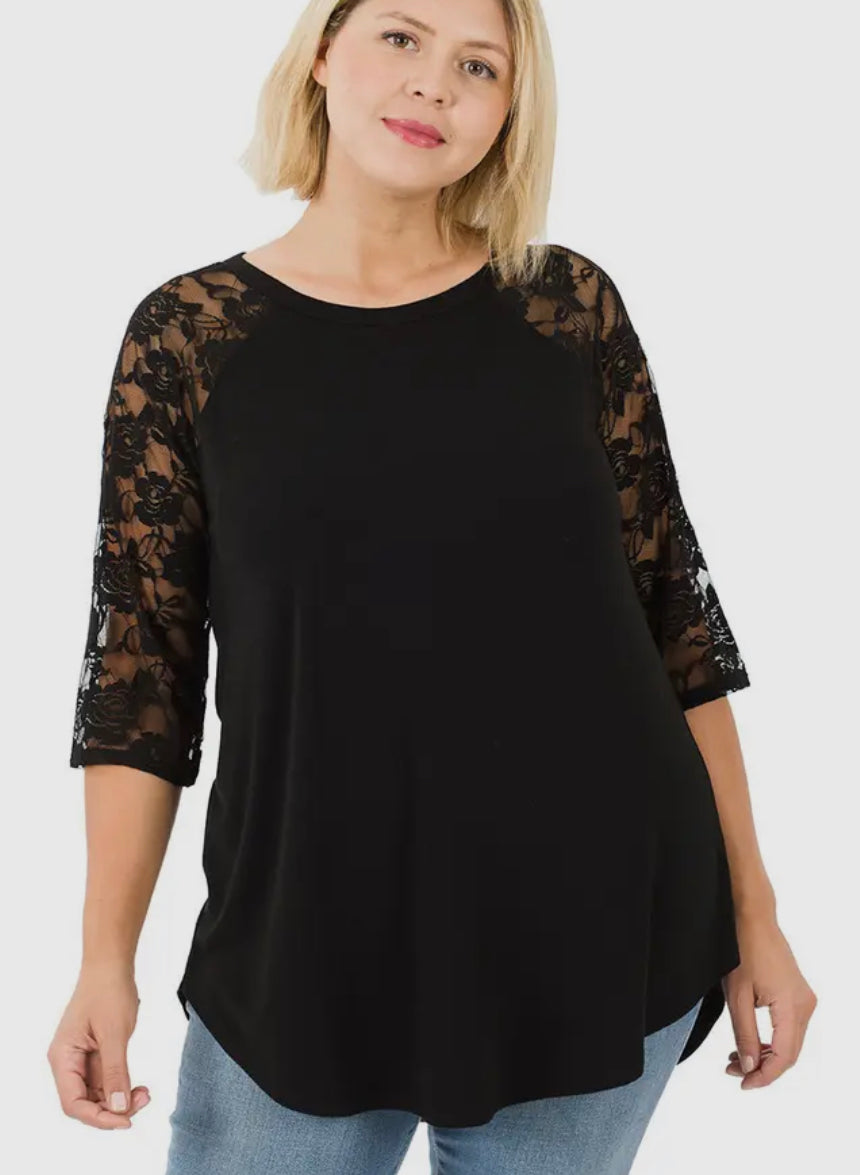 Plus Lace Half Sleeve Round Neck and Hem Top - black