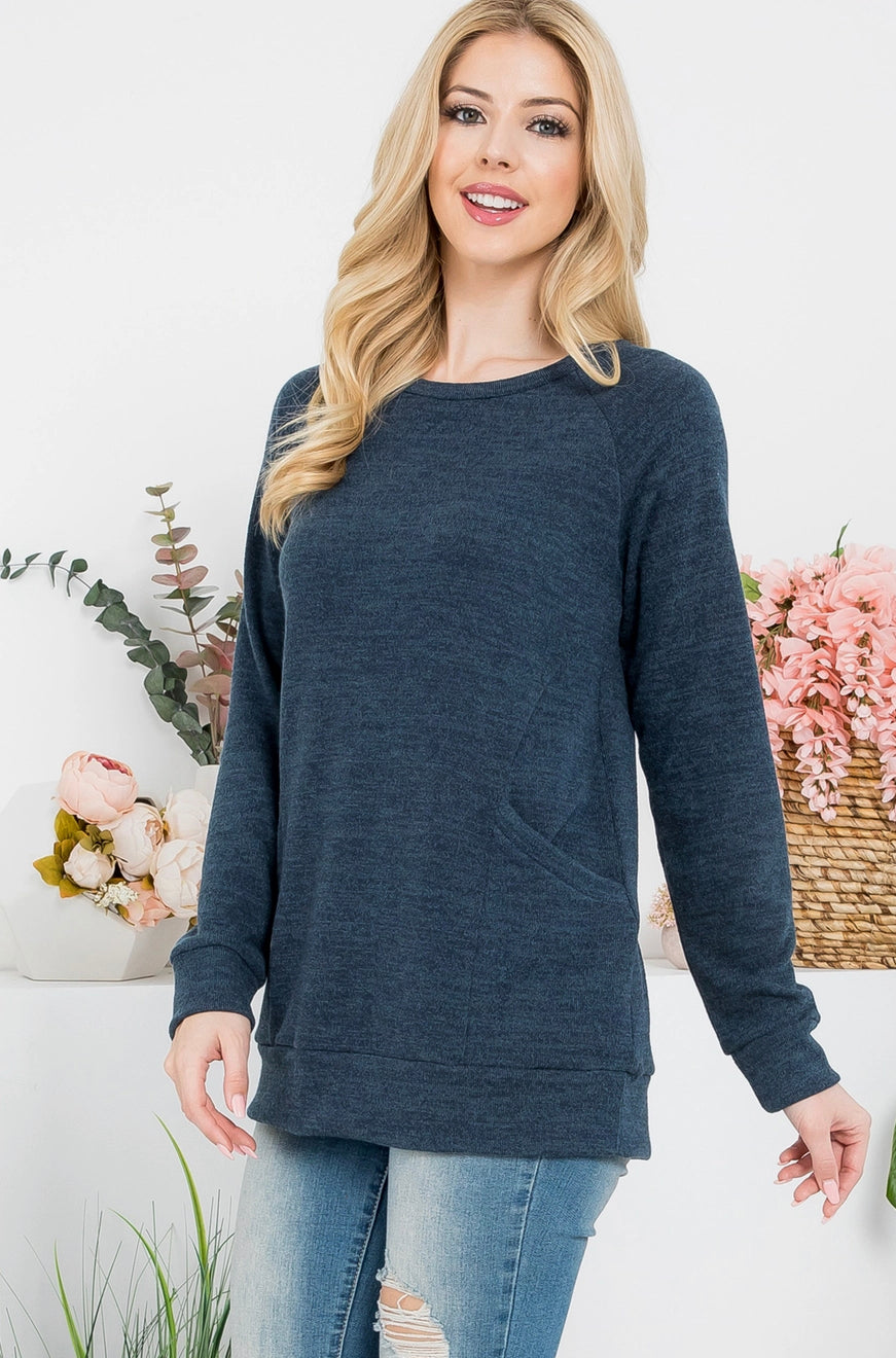 KNIT Front Pocket Long Sleeved Top - Navy