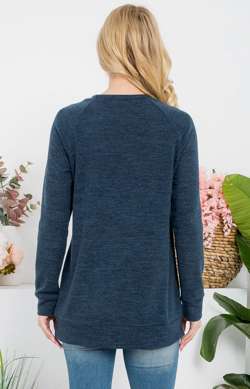 KNIT Front Pocket Long Sleeved Top - Navy