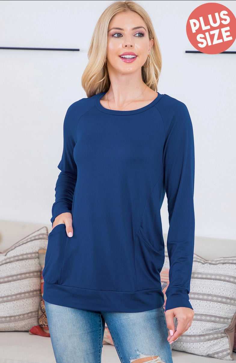 PLUS Size Solid Long Sleeve Front Pocket Top -Navy