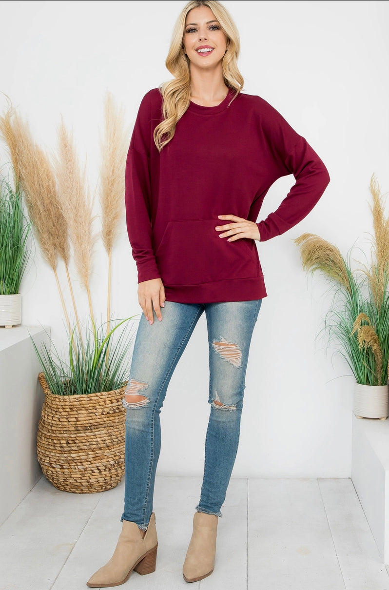 LONG Sleeve French Terry Top with Kangaroo Pocket - Ox Blood