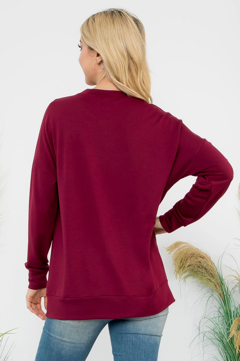 LONG Sleeve French Terry Top with Kangaroo Pocket - Ox Blood