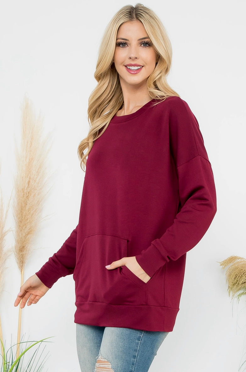 LONG Sleeve French Terry Top with Kangaroo Pocket - Ox Blood