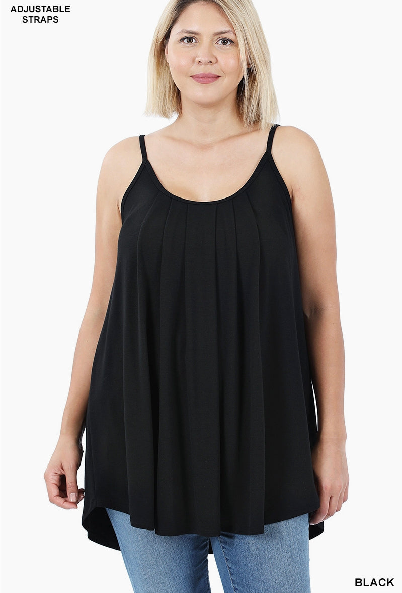 Plus Pleated Spaghetti Cami with Adjustable Straps - black
