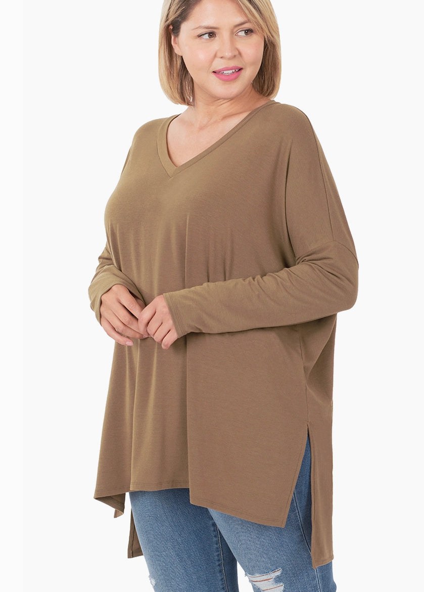 Plus Size Dolman Sleeve V-Neck Side Slit Hi-Low - mocha