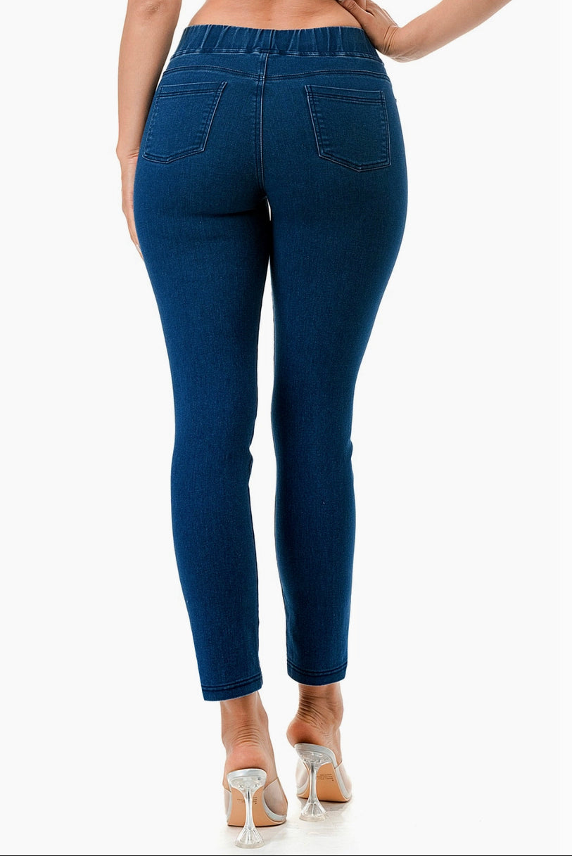 Plus Size Pre Washed Basic Pull On Denim Skinny Jeggings - dark denim