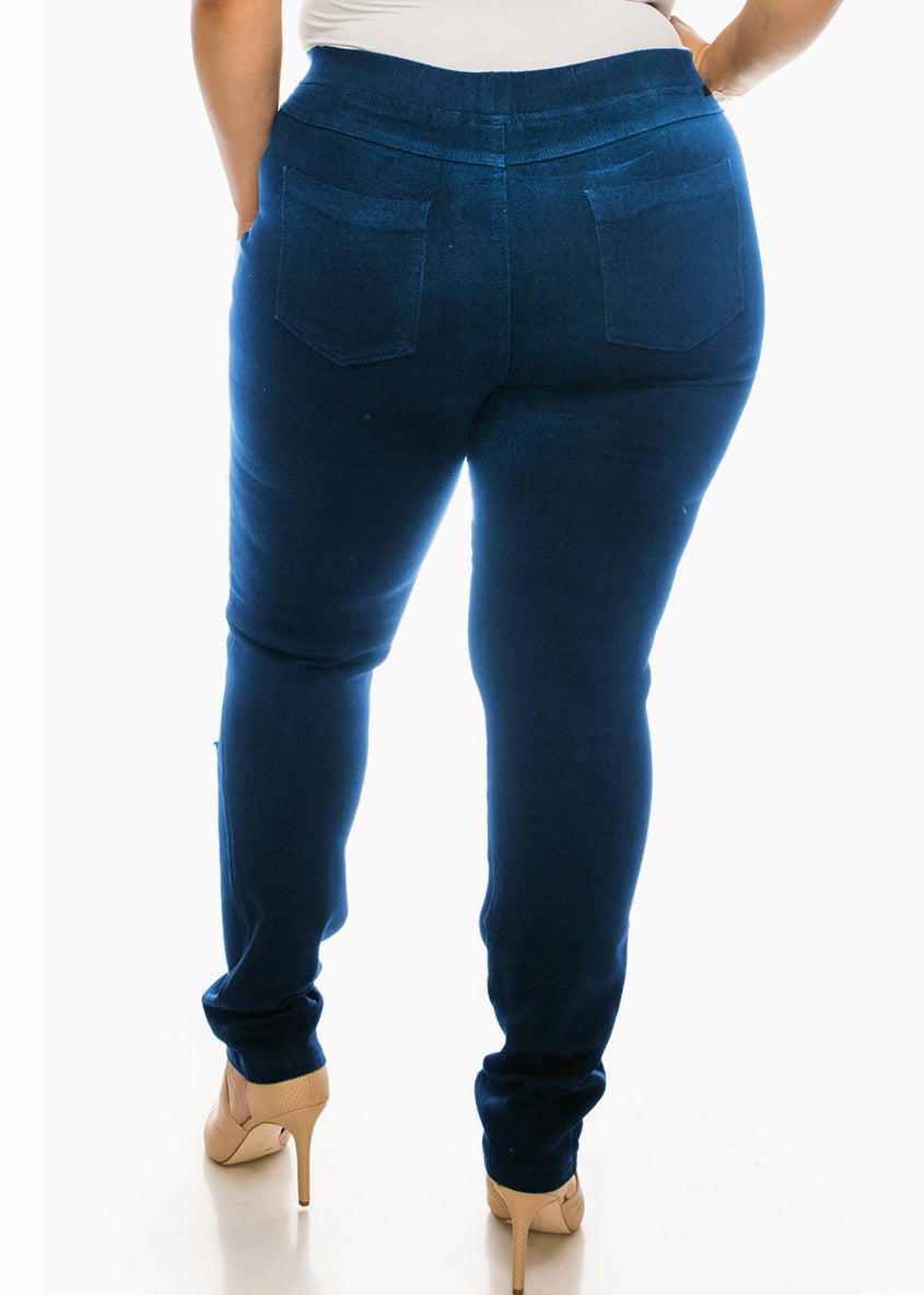 Plus Size Pre Washed Basic Pull On Denim Skinny Jeggings - dark denim