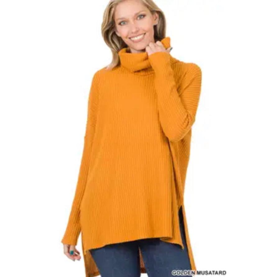 Brushed Thermal Waffle Cowl Neck Hi-Low Sweater - golden mustard