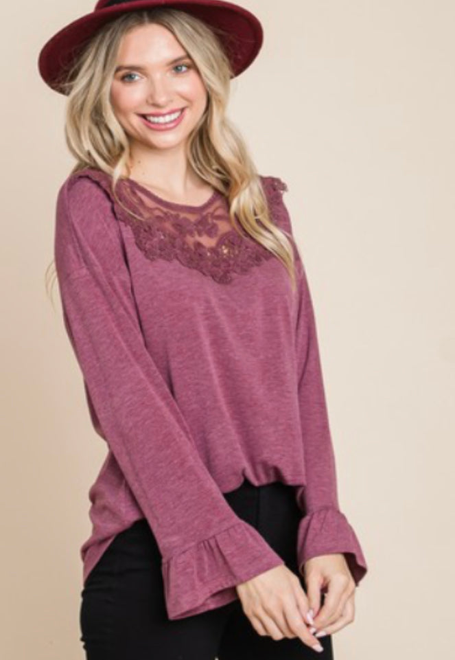 Long Sleeve Top with Lace Patch Neckline - burgundy