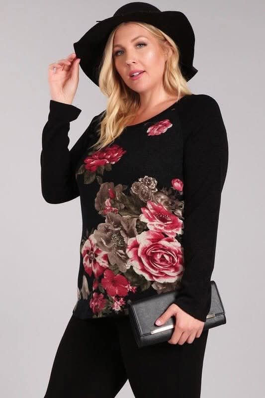 Floral Knit Top Long Sleeve Plus Size