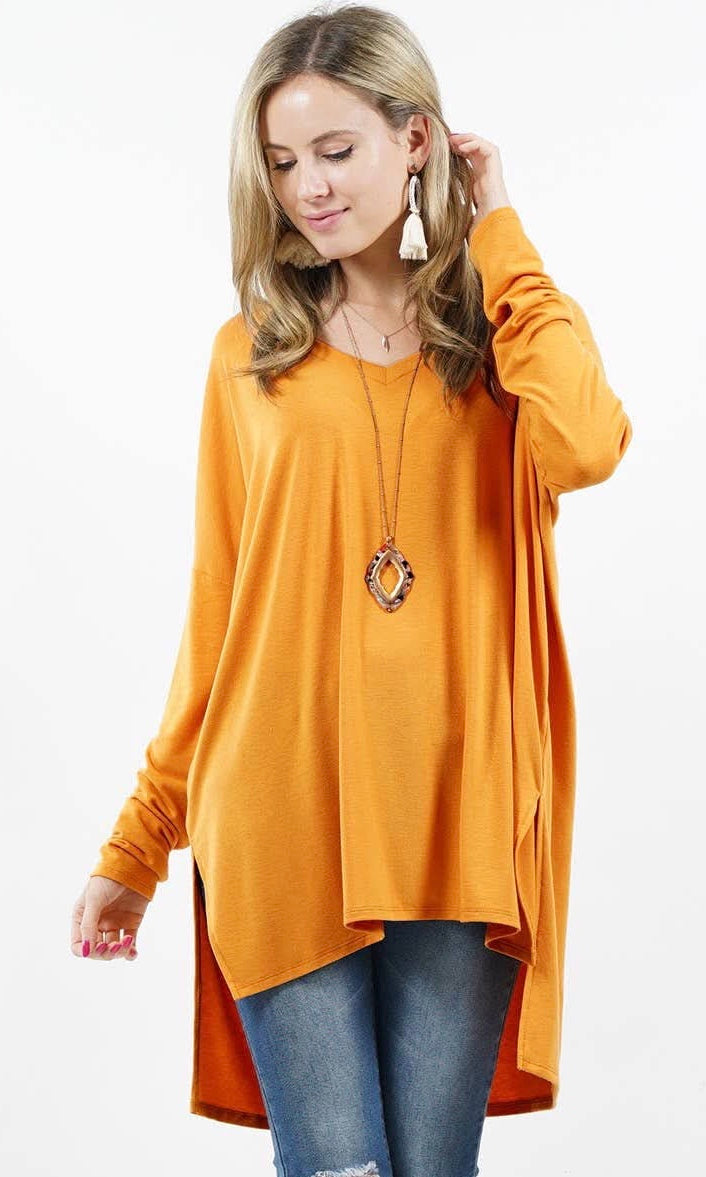 DOLMAN SLEEVE V-NECK SIDE SLIT HI-LOW HEM TOP - mustard