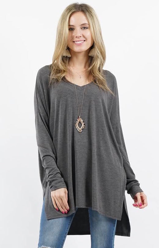 DOLMAN SLEEVE V-NECK SIDE SLIT HI-LOW HEM TOP - ash grey