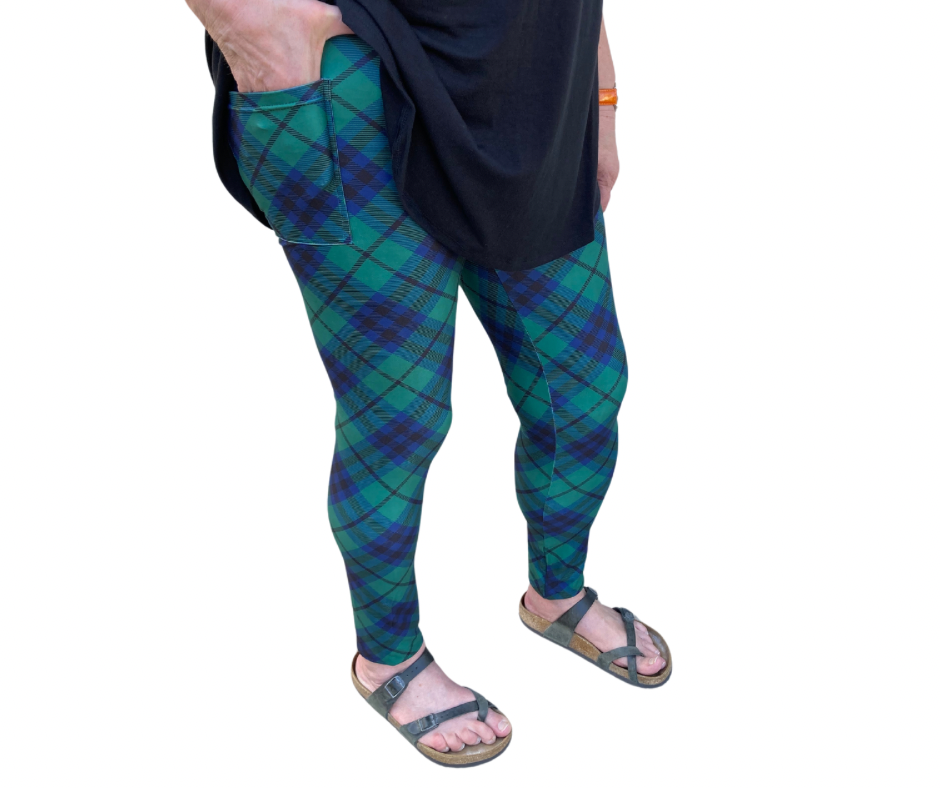 Green & Navy Tartan - Adult Yoga Band Pocket Leggings