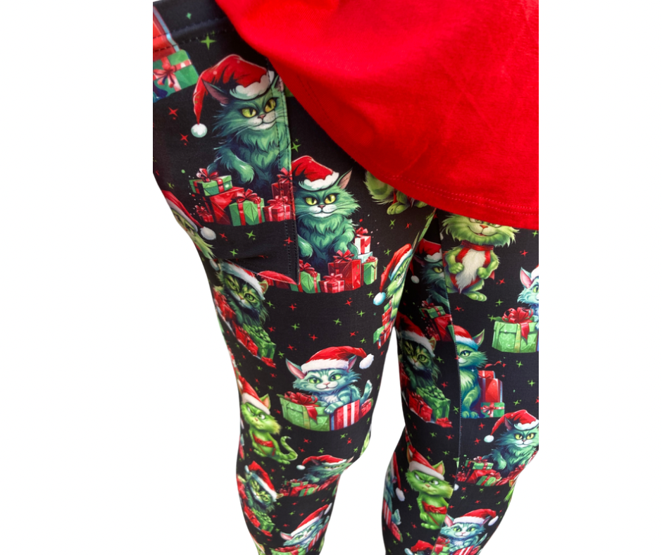 Grinchy Cats - Adult Yoga Band Pocket Leggings