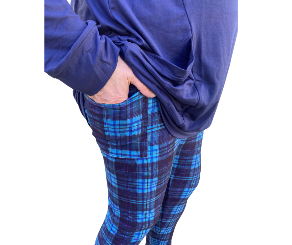Blue Plaid - Adult Yoga Band Pocket Leggings