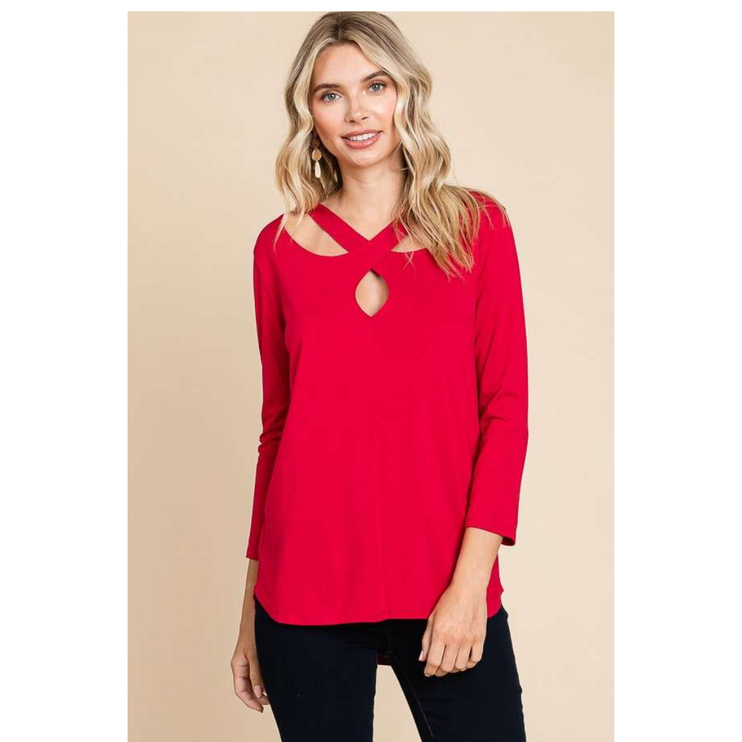 Cross Strap Neck Semi Top, - Wild Red