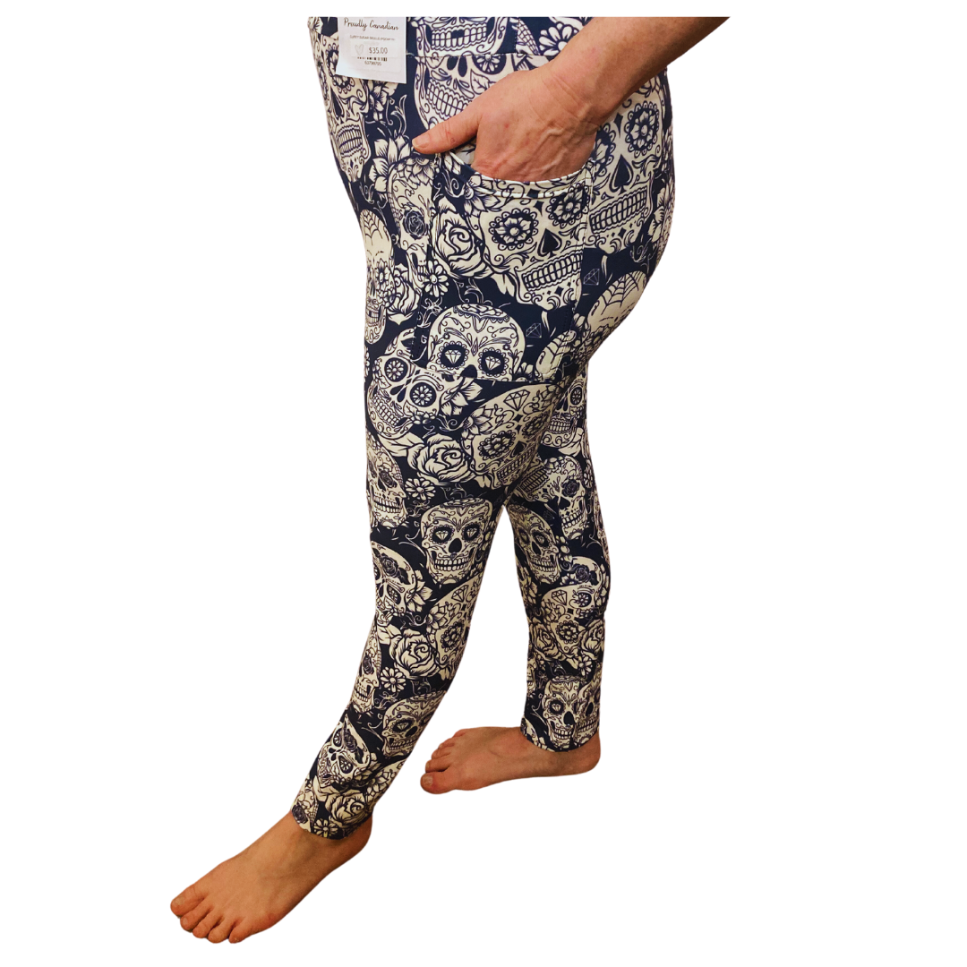 Sugar Skulls - Adult Yoga Band Pocket Leggings