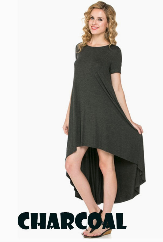 Short Sleeve High-Low Midi Dress - Charcoal